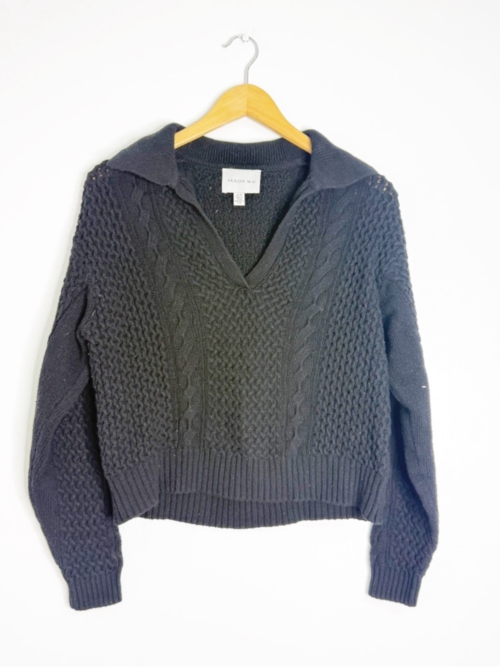 Jason Wu Black Cable Knit Collared Pullover Sweater Medium